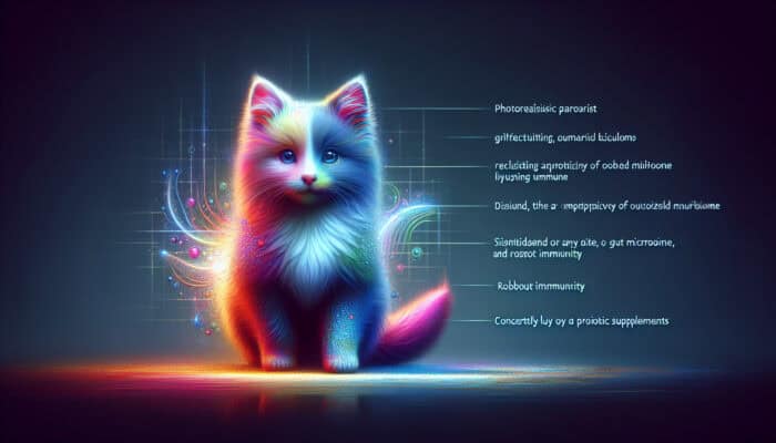 A lively pet with a shiny coat and energetic demeanor, surrounded by a glowing aura, with probiotic supplements.