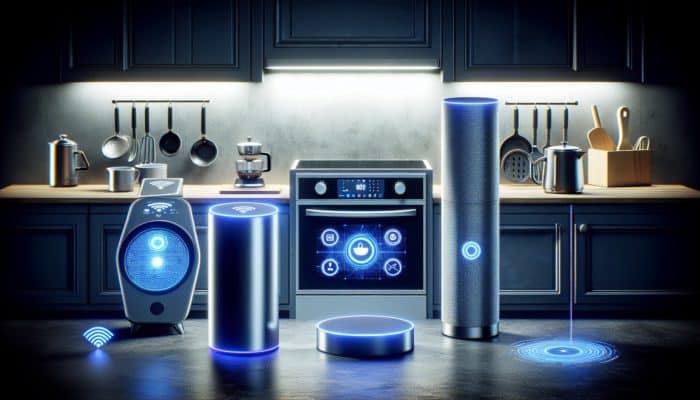 A modern kitchen equipped with voice-activated gadgets like Amazon Echo, Google Nest Hub, smart oven, and coffee maker.