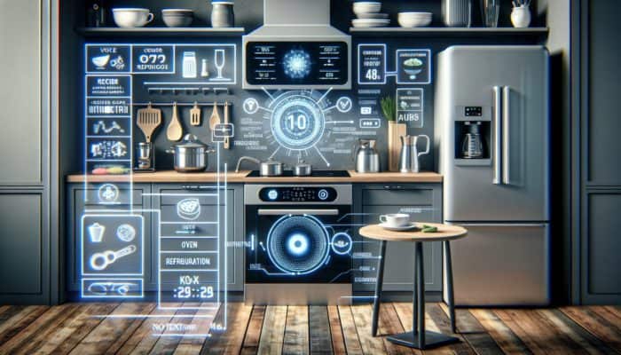 A smart kitchen showcasing voice-activated control of oven, fridge, and coffee maker, displaying recipe and timer.