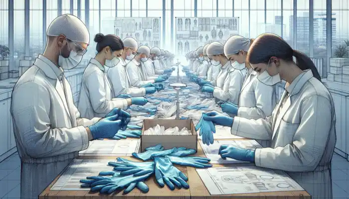 Professionals in Croydon examining a catalog to order disposable vinyl gloves, emphasizing quality and efficiency.