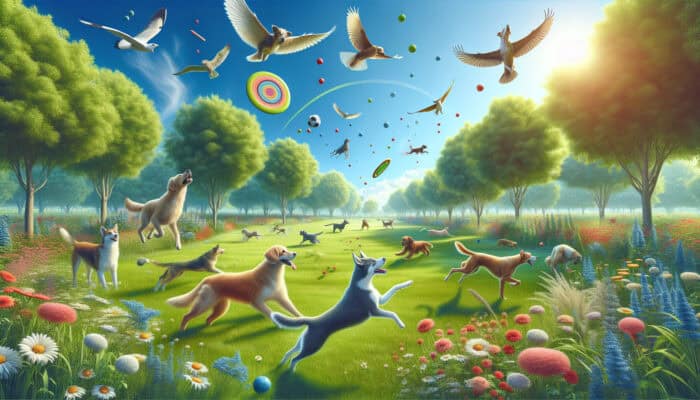 Energetic dogs enthusiastically playing fetch with frisbees and balls in a vibrant park under a clear sky.