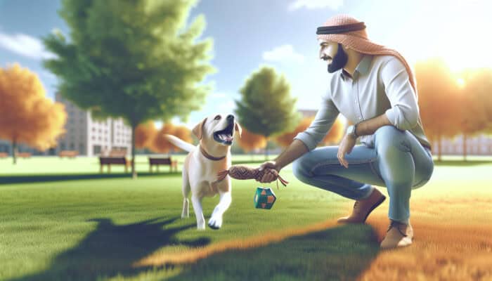 A dog owner observing their dog play fetch safely in a well-maintained park on a sunny day.