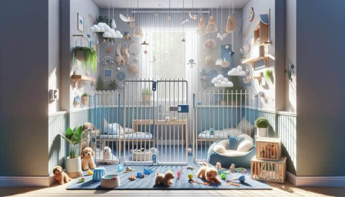 A cozy, safe pet space with baby gates, free of hazards, featuring soft beds and toys.