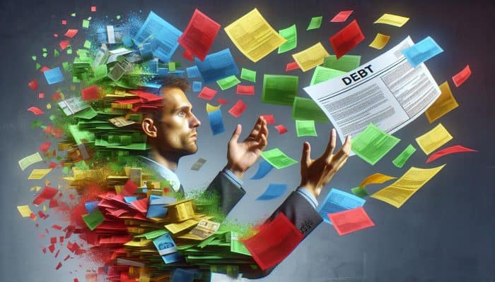 Best Practices for Debt Consolidation Payoff: UK Guide | DCL A person consolidating multiple colorful debt papers into one clear loan document, symbolizing financial clarity and relief in the UK.