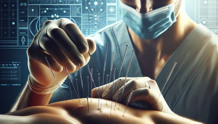 Dry Needling for Stress-Related Pain: Ultra-fine needles inserted into muscle trigger points by a healthcare professional for tension relief and relaxation.