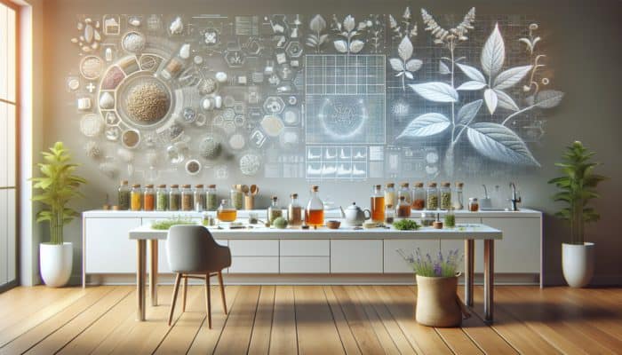 A kitchen counter showcasing herbs, glass jars, and a teapot for preparing herbal remedies.