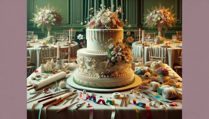 A beautifully designed multi-tiered cake adorned with sugar flowers, intricate piping, and decorative pearls, displayed alongside an array of decorating tools and ribbons.