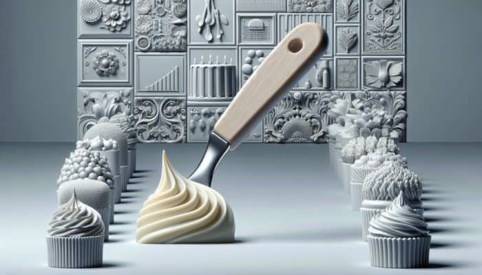 A spatula dipped in perfectly consistent icing, holding its shape, with decorated cakes in the background.