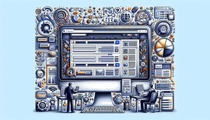 On-Page SEO in Plymouth for Small Business: A computer screen displaying a website with SEO elements highlighted alongside search engine and user engagement icons.