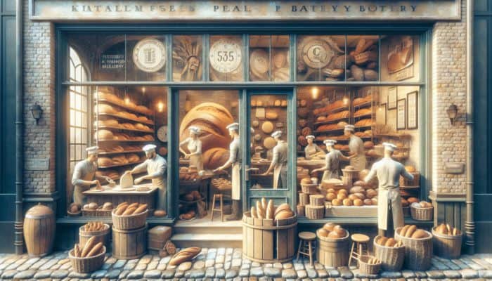 A busy Plymouth bakery showcasing fresh bread and signs for enhanced local SEO visibility.
