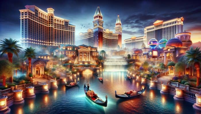 Experience Luxurious Las Vegas Hotels: A stunning view featuring the Bellagio's fountains, the architectural marvel of Wynn, and Venetian gondola rides illuminated by vibrant neon lights.