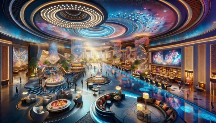 A luxurious Las Vegas hotel lobby where guests are enjoying spa treatments, gourmet dining, and live entertainment.