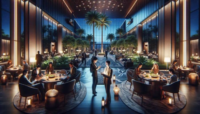 A tranquil Las Vegas hotel lobby at dusk featuring guests dining and checking in using their smartphones.
