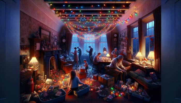 Family packing holiday decorations, festive lights glowing in a cozy UK home at dusk.
