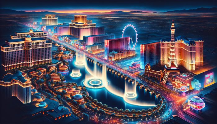 A nighttime scene of Las Vegas featuring the Bellagio Fountains, High Roller, and vibrant neon-lit Strip.