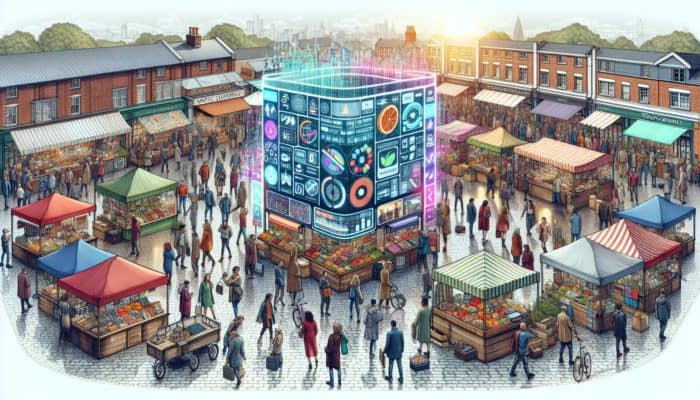 A lively street market in Weston-super-Mare showcasing stalls selling local products alongside digital WooCommerce displays.
