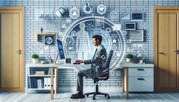 A human virtual assistant working efficiently in a modern home office, multitasking on a computer.