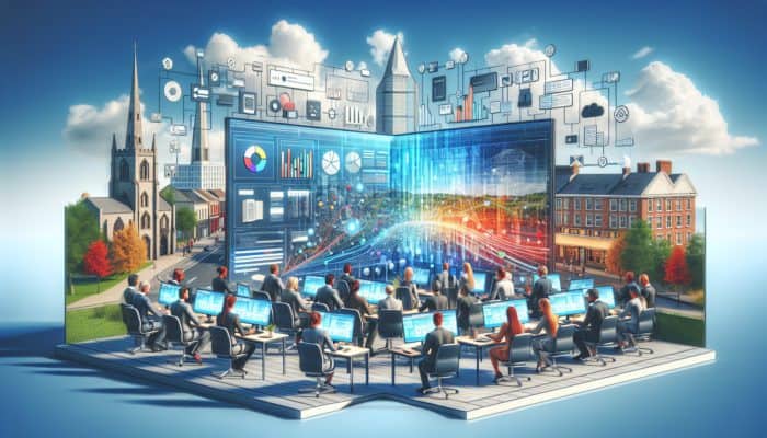 Professionals collaborating on web development in Barnstaple, featuring modern technology and local landmarks.