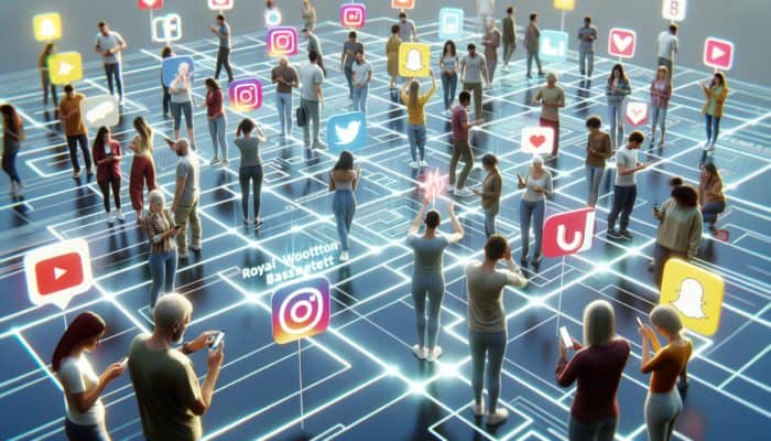Diverse group in Royal Wootton Bassett using Instagram, TikTok, Facebook, LinkedIn, engaged with vibrant digital content.
