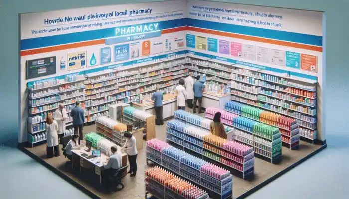 Nitrile Gloves in Harlow: A busy Harlow pharmacy showcasing nitrile gloves on shelves, staff assisting customers, and promotional signage visible.