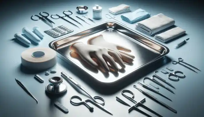 Close-up of hypoallergenic nitrile gloves on a medical tray surrounded by diverse tools in a sterile hospital environment.