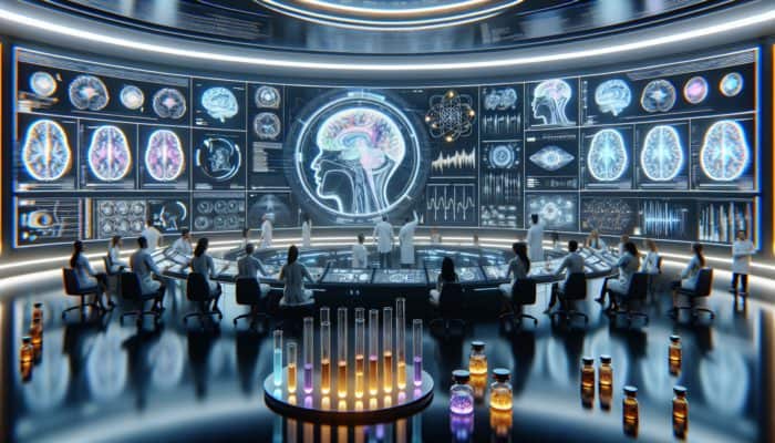 A futuristic lab with scientists analyzing brain scans and cognitive enhancement supplements, surrounded by holographic data charts.