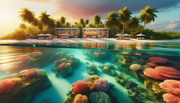 A serene Belizean beachfront with eco-friendly hotels, palm trees, and a colorful sunset.