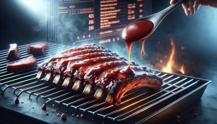 A close-up of ribs being basted with smoky BBQ sauce on a charcoal grill.