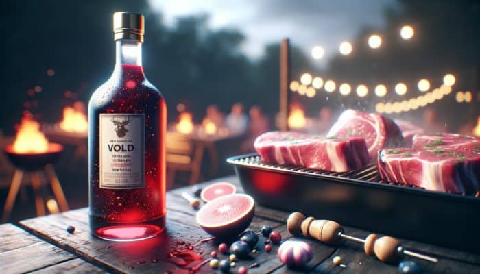 A bottle of bold, fruity red wine vinegar used to mop lamb and beef at a BBQ, enhancing flavors.