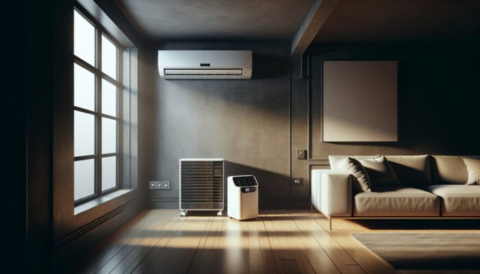 A modern room with a window and portable air conditioner, showcasing their versatility and cost-effectiveness.
