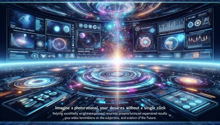 A futuristic interface showcasing enhanced video search results with vibrant graphs and holographic features.