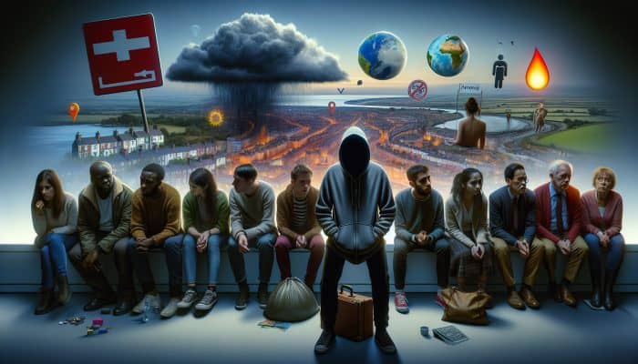 Understanding Mental Health Statistics: A diverse group of young UK residents, some isolated or in therapy, amidst symbols of mental health challenges and global crises.