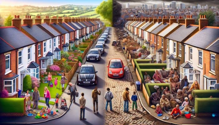 A contrast in UK neighborhoods illustrating affluent and deprived areas, emphasizing disparities in mental health related to socioeconomic factors.