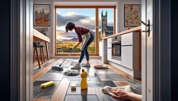 A person diligently cleaning grout haze from kitchen floor tiles in West Dunbartonshire, framed by Scottish architecture in the background.