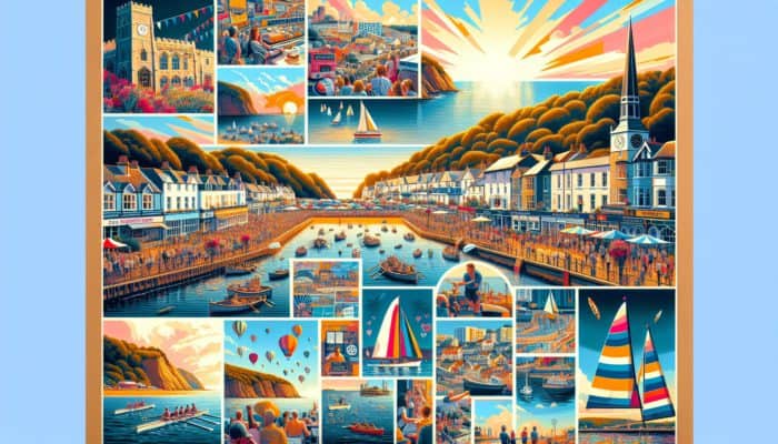 A colorful collage showcasing Sidmouth's Folk Festival, regatta, local attractions, and community engagement by businesses.