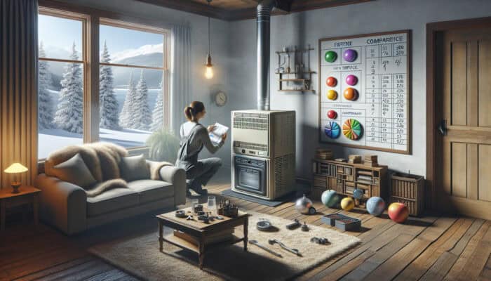 A technician evaluating an older furnace in a cozy living room, with service plan charts and a snowy Langley landscape outside.