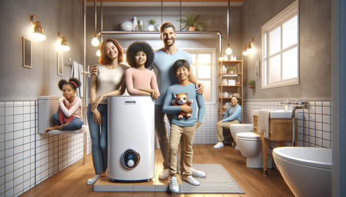 A modern tankless water heater installed in a Richmond home's cozy bathroom, replacing an outdated tank model, effectively lowering energy expenses.