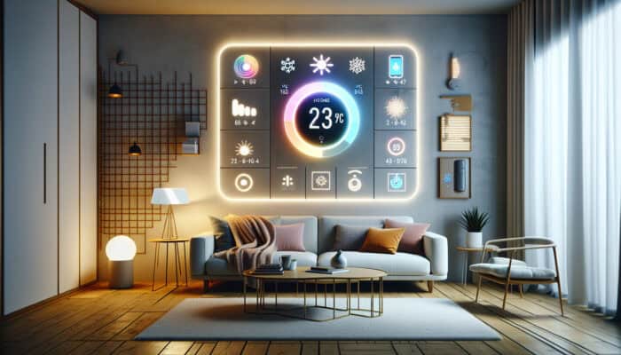 Smart thermostat in a modern living room, controlled by a smartphone, with sensors monitoring the heating system.