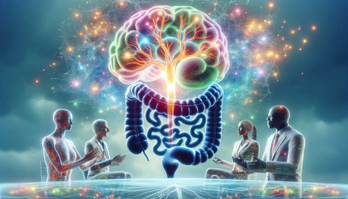 A vibrant neural network interconnected with a glowing digestive system, showcasing discussions among experts.