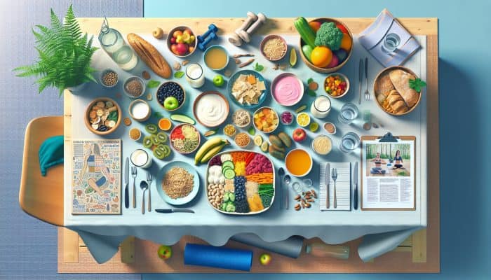 A table filled with gut-healthy foods such as yogurt, kefir, and vegetables, surrounded by hydration options, exercise equipment, and a yoga setting.