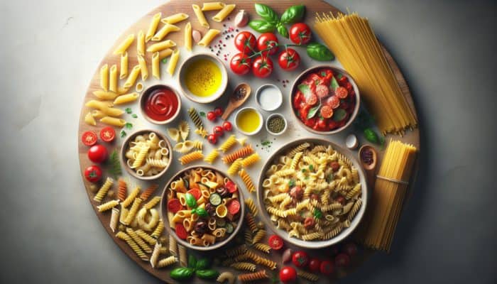 Various pasta shapes - penne, fusilli, spaghetti - with corresponding sauces; chunky, creamy, and light.