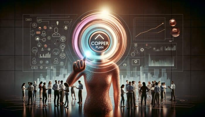 Individual selecting Copper Plan on the EZi Gold website, team setting up, website thriving with rising visitor graphs.