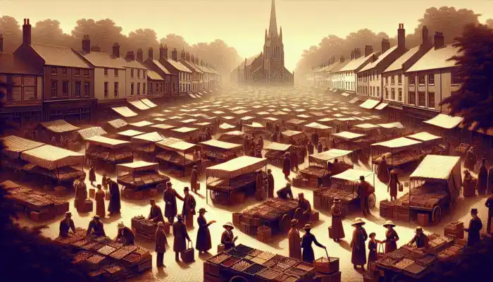 A market scene in High Wycombe with stalls selling vinyl gloves, diverse shoppers, and historic buildings.