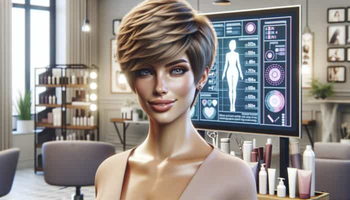 A woman with a chic pixie haircut confidently posing in a modern salon surrounded by hair care products.