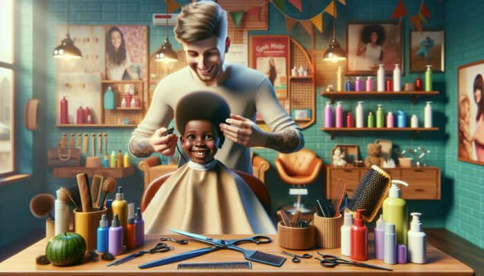 A skilled hairstylist giving a pixie haircut to a smiling child in a vibrant salon.