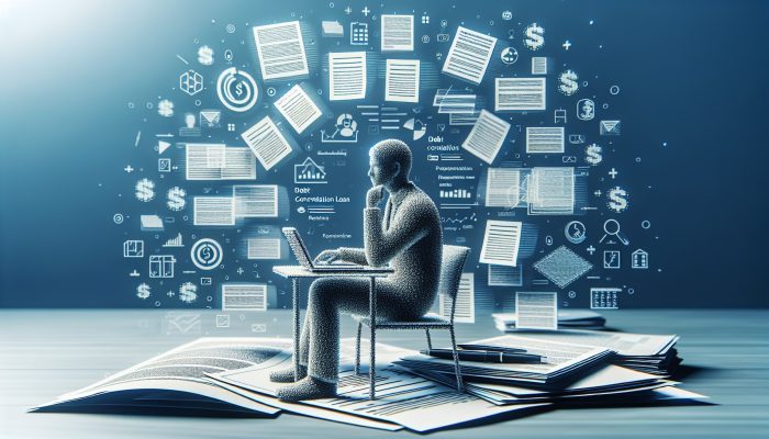 Debt Consolidation Loans With Low Fees: UK Guide | DCL Person at desk with financial documents and laptop, applying for debt consolidation loan.