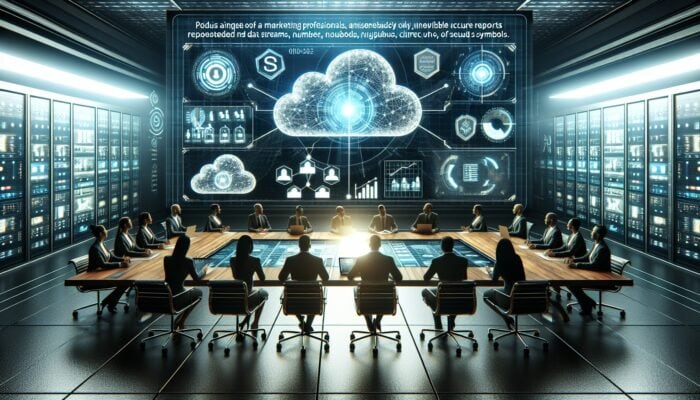 A futuristic control room with a holographic display of data streams, surrounded by secure cloud symbols, and marketing team analyzing real-time reports.
