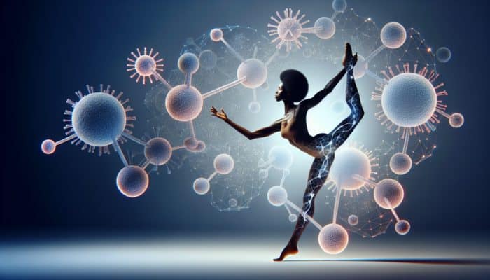 A woman stretching gracefully, surrounded by glowing collagen molecules, with soft light on her skin.