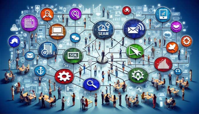 Digital Marketing in Budleigh Salterton for Small Business: A vibrant digital landscape illustrating various marketing strategies engaging audiences across different devices.