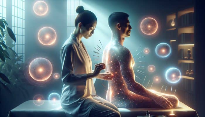 A serene acupuncture session with glowing orbs symbolizing enhanced energy and expert guidance.